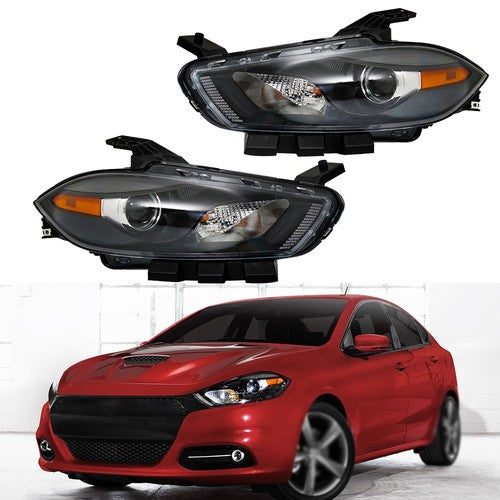 Solid Spare For Dodge Dart 2013-2016 Driver+Passenger Side Halogen Black Housing Headlights