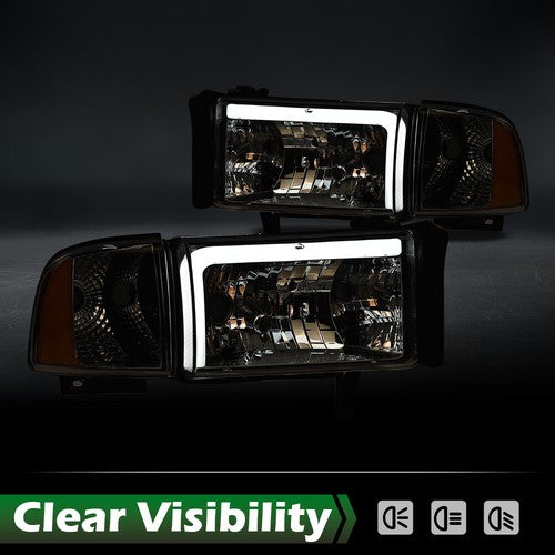 Solid Spare Fit For 1994-2002 Dodge Ram 1500 2500 3500 Amber/Chrome LED Tube Headlights