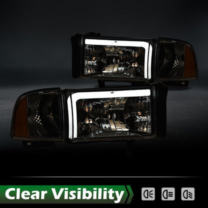 Solid Spare Fit For 1994-2002 Dodge Ram 1500 2500 3500 Amber/Chrome LED Tube Headlights
