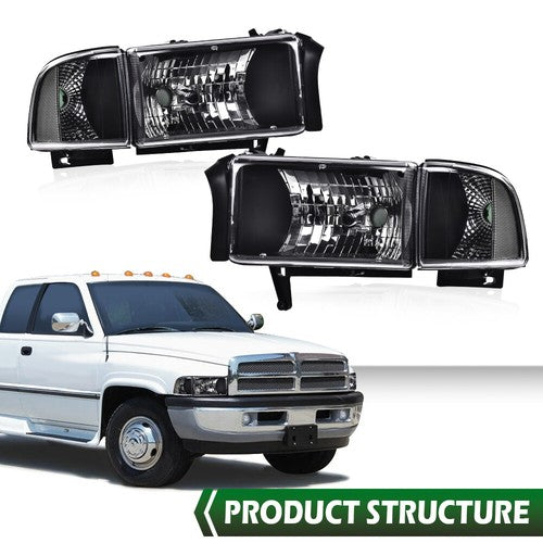 Solid Spare Clear Corner Black Headlights Assembly Fit For 94-02 Dodge Ram 1500 2500 3500