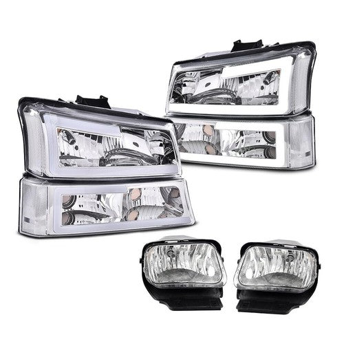 Solid Spare Fit For 03-06 Chevy Silverado Avalanche LED DRL Clear Headlights+Fog Lights