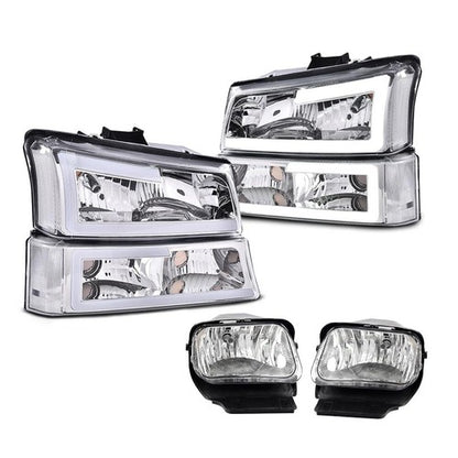Solid Spare Fit For 03-06 Chevy Silverado Avalanche LED DRL Clear Headlights+Fog Lights