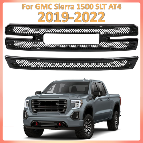 For 2019-2022 GMC Sierra 1500 SLT AT4 Grille Covers Grill Overlay Gloss Black