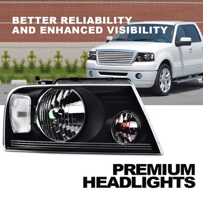 Solid Spare Fit 2004-2008 Ford F150 06-08 Lincoln Mark LT Black Headlights Lamps Left+Right