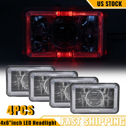 4PCS 4X6" Red LED Halo Headlight Projector Headlamp Sealed Beam H4 Diamond Cut