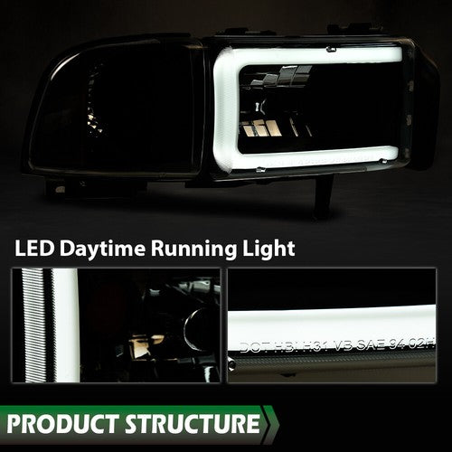 Solid Spare Fit For 94-02 Ram 1500 2500 3500 Black/Clear Corner LED DRL Headlight Headlamps