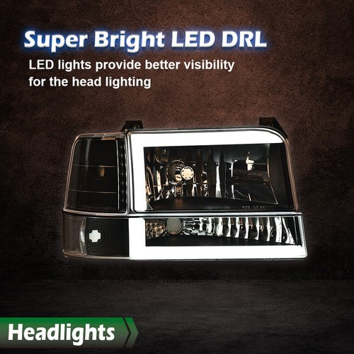 Solid Spare Fit For 92-96 Ford F150 F250 F350 Bronco Clear/Black LED DRL Headlights