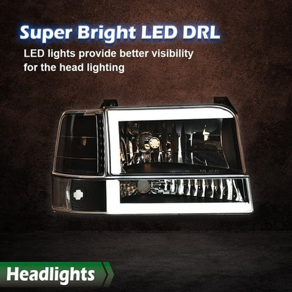 Solid Spare Fit For 92-96 Ford F150 F250 F350 Bronco Clear/Black LED DRL Headlights