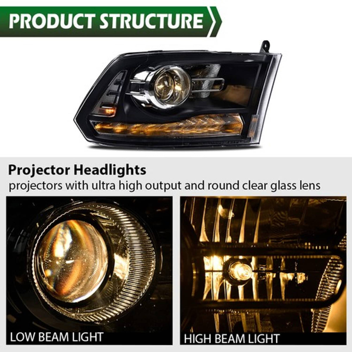 Solid Spare Clear Black Projector Headlights w/LED DRL Fit For 2009-2018 Ram 1500 2500 3500