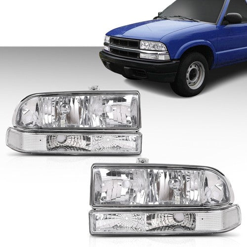 Solid Spare Fit For 98-04 Chevy S10 Blazer Chrome/Clear Corner Headlights Bumper Headlamps