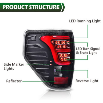 Solid Spare Fit For 2009-2014 Ford F-150 Red/Black LED Tube Tail Lights Brake Lamps Assembly