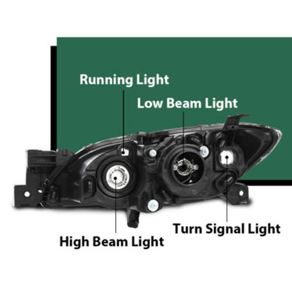 Solid Spare Fit For 04-09 Mazda 3 4-Door Sedan Amber Black Halogen Projector Headlights