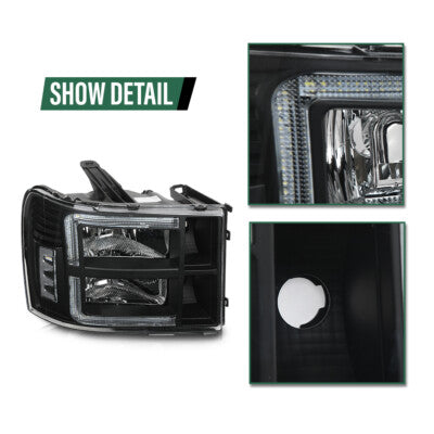 Solid Spare Fit For 2007-2014 GMC Sierra 1500 2500 3500 Clear/Black LED Tube DRL Headlights