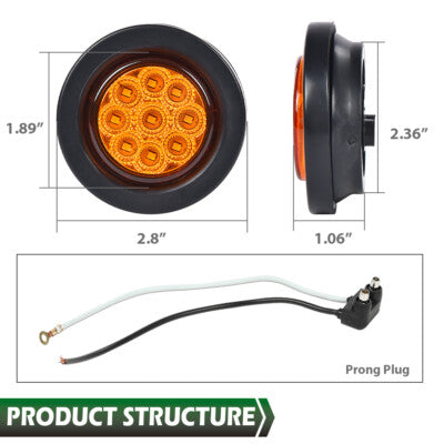 Solid Spare 2x Amber 2" Inch Round 9 LED Side Marker Clearance Lights Truck Trailer Lamp 12V