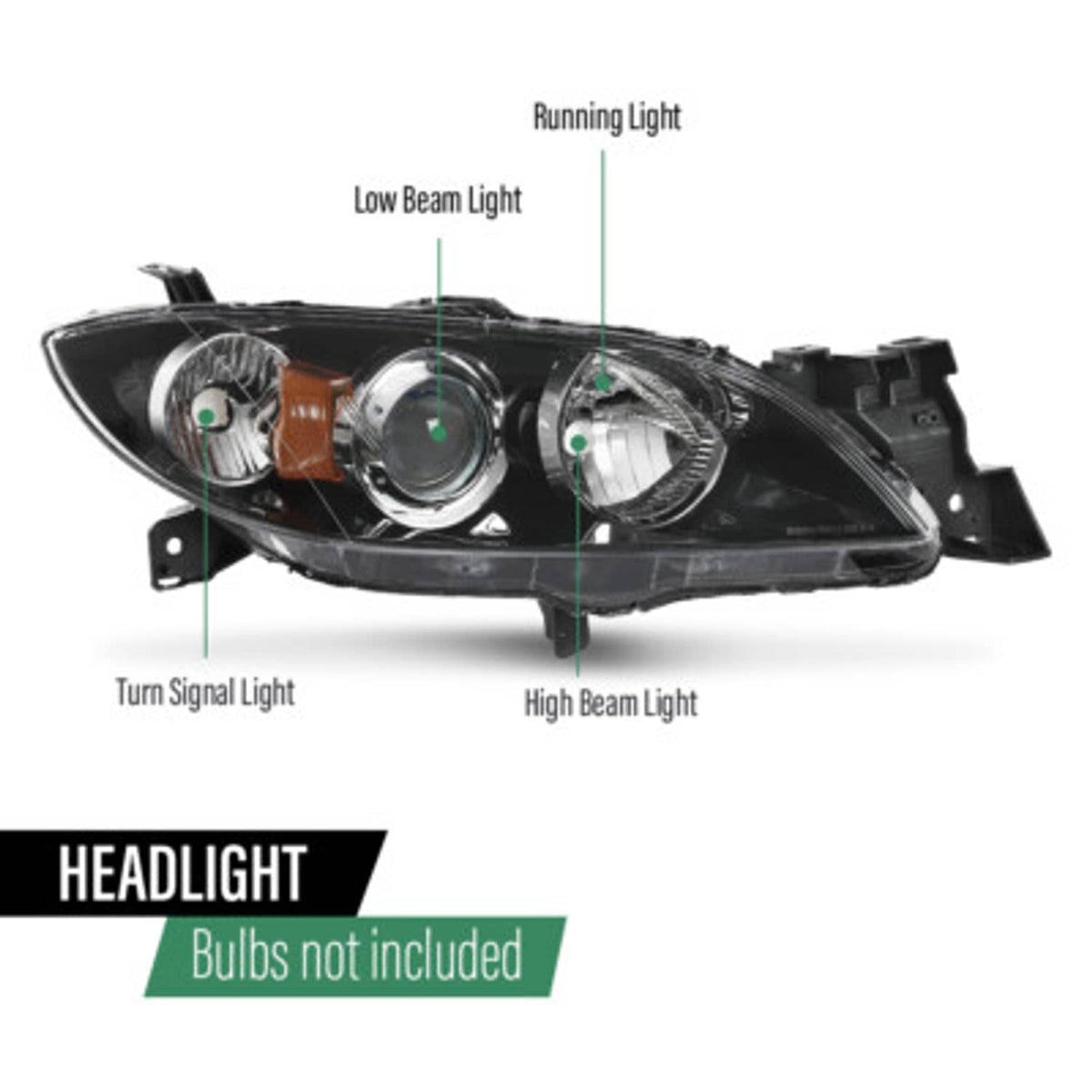 Solid Spare Fit For 04-09 Mazda 3 4-Door Sedan Amber Black Halogen Projector Headlights