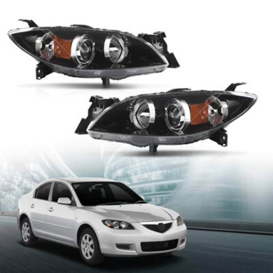 Solid Spare Fit For 04-09 Mazda 3 4-Door Sedan Amber Black Halogen Projector Headlights