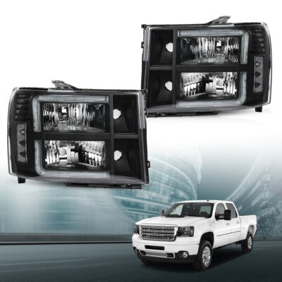 Solid Spare Fit For 2007-2014 GMC Sierra 1500 2500 3500 Clear/Black LED Tube DRL Headlights