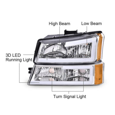 Solid Spare Fit For 03-06 Chevy Silverado LED DRL Headlights/Lamps + Signal Bumper Lamps