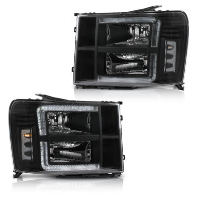 Solid Spare Fit For 2007-2014 GMC Sierra 1500 2500 3500 Clear/Black LED Tube DRL Headlights