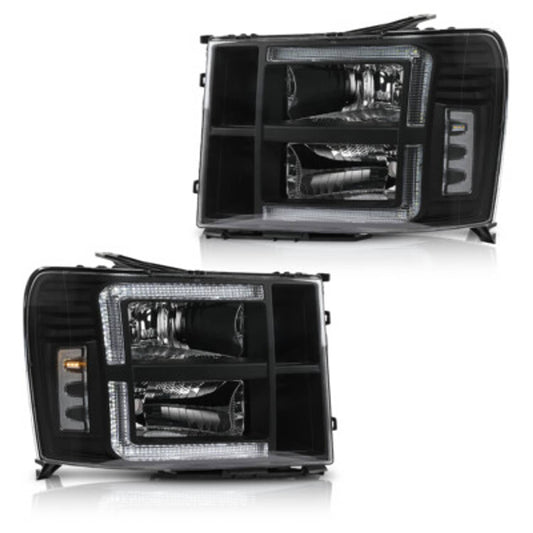 Solid Spare Fit For 2007-2014 GMC Sierra 1500 2500 3500 Clear/Black LED Tube DRL Headlights
