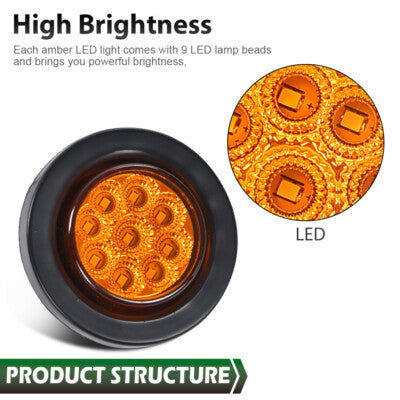 Solid Spare 2x Amber 2" Inch Round 9 LED Side Marker Clearance Lights Truck Trailer Lamp 12V