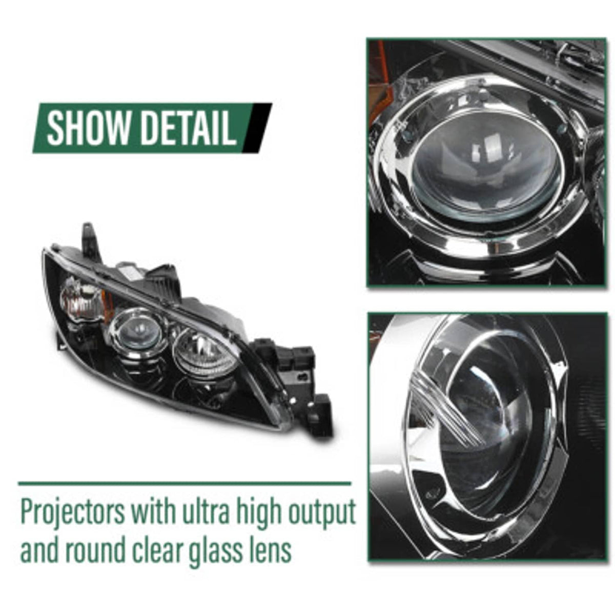 Solid Spare Fit For 04-09 Mazda 3 4-Door Sedan Amber Black Halogen Projector Headlights