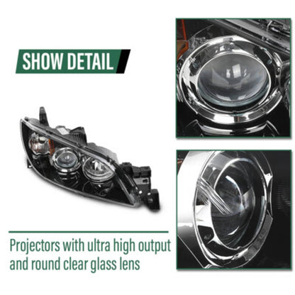 Solid Spare Fit For 04-09 Mazda 3 4-Door Sedan Amber Black Halogen Projector Headlights