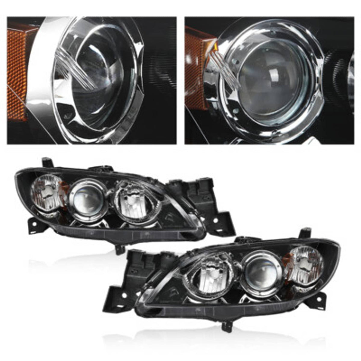 Solid Spare Fit For 04-09 Mazda 3 4-Door Sedan Amber Black Halogen Projector Headlights