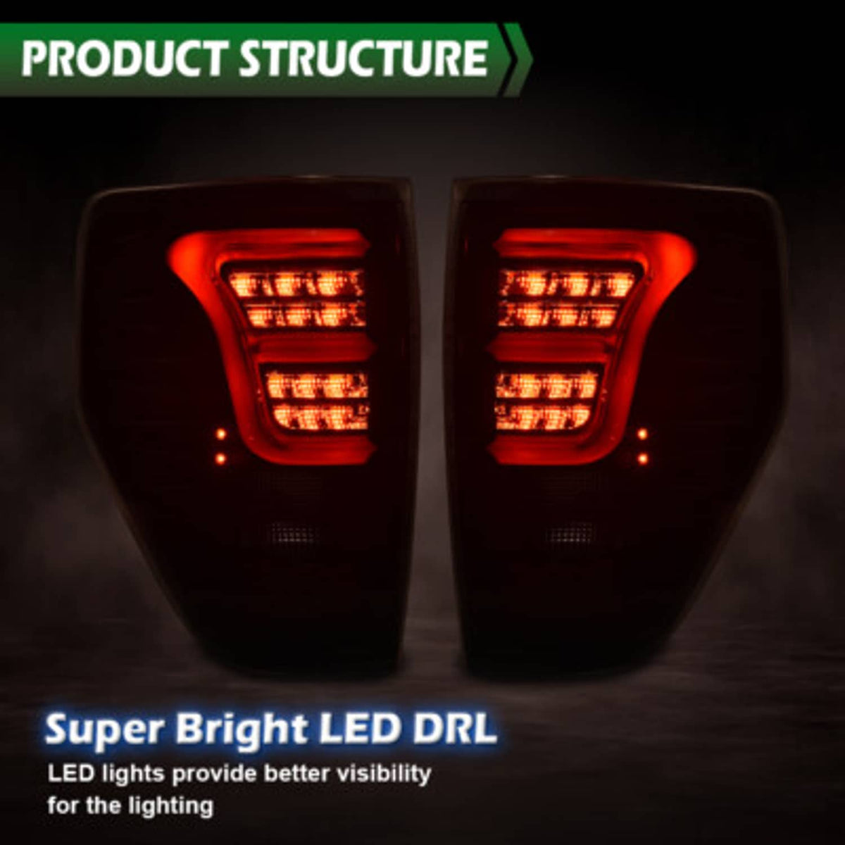 Solid Spare Fit For 2009-2014 Ford F-150 Red/Black LED Tube Tail Lights Brake Lamps Assembly