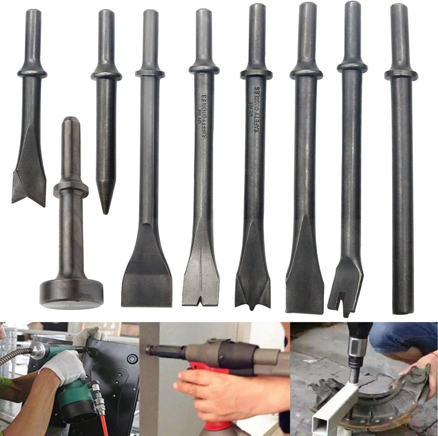 9Pcs Pneumatic Air Hammer Punch Chipping Bits Tool Chisel 0.39In Shank Tool Set
