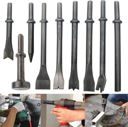 9Pcs Pneumatic Air Hammer Punch Chipping Bits Tool Chisel 0.39In Shank Tool Set