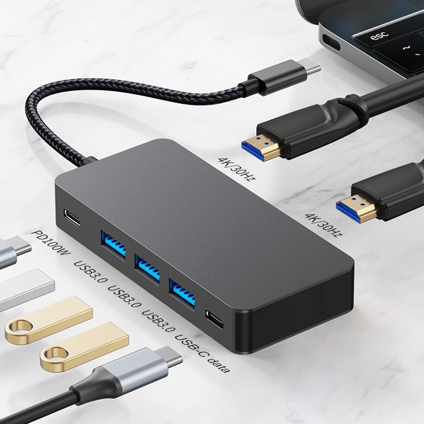 7 in 1 TYPE-C+USB3.0*3+HDMI*2+PD100W+USB-C Data Interface for MacBook iPad Pro