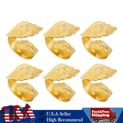 6PCS Napkin Rings Leaf Napkin Holder Adornmen Alloy Golden