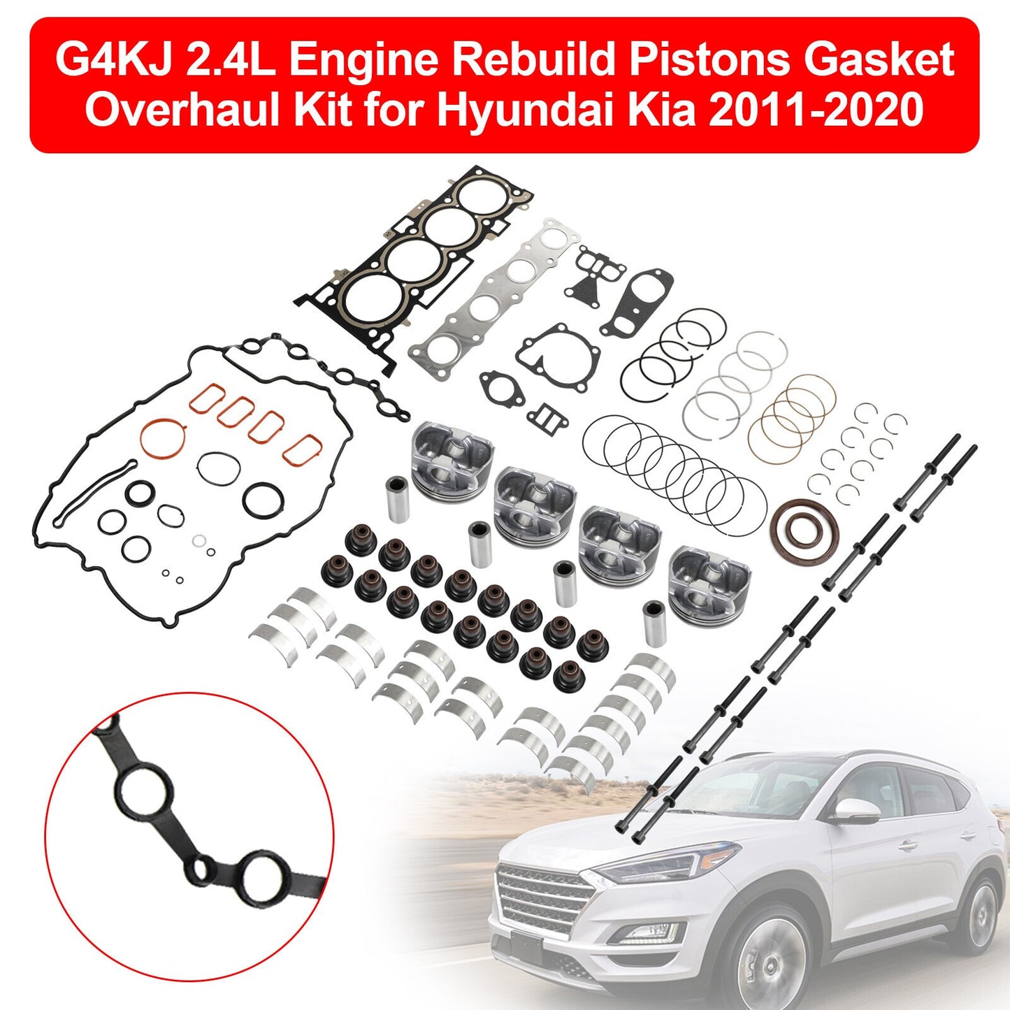 G4KJ 2.4L Engine Rebuild Pistons Gasket Overhaul Kit for Hyundai Kia 2011-20