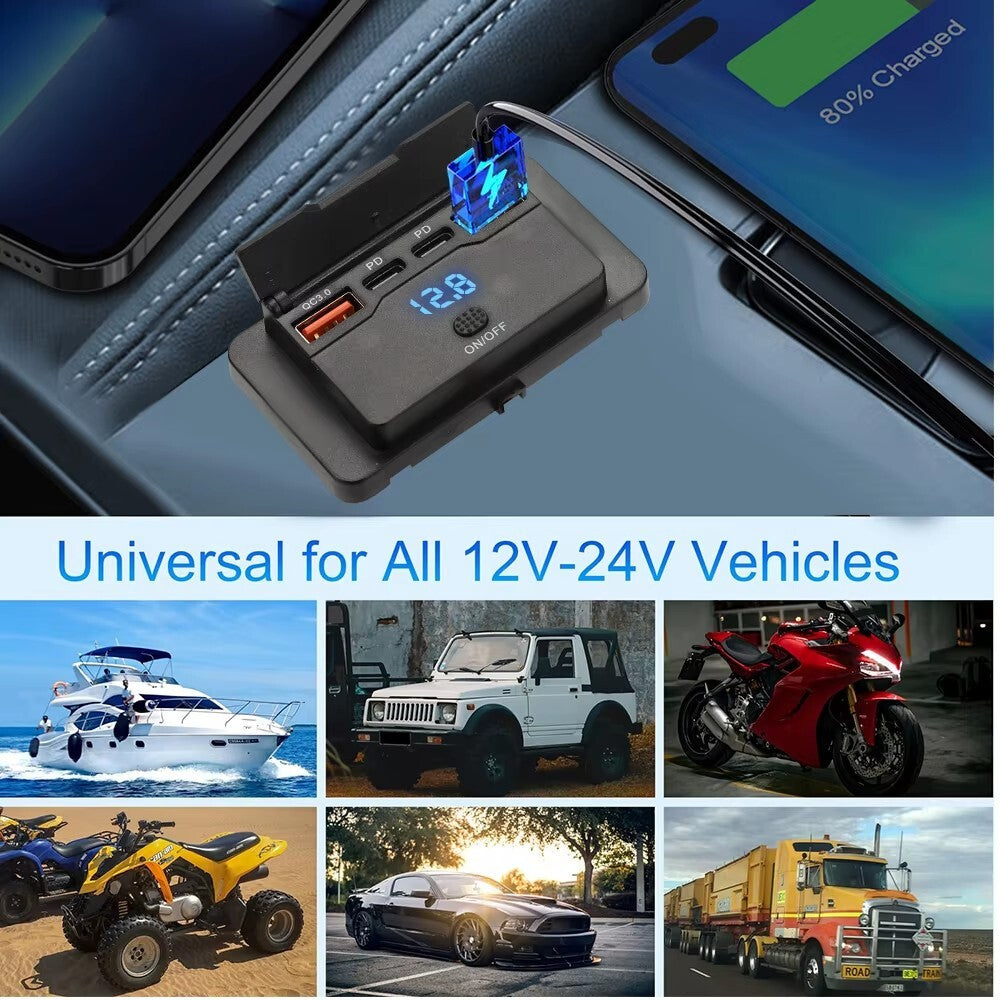 Fast USB Car Charger Socket Panel LED Voltmeter QC3.0 & PD Power Outlet 12-24V