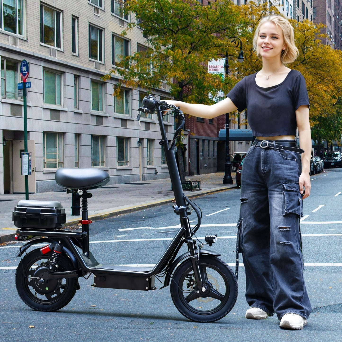 Electric Folding Scooter 48V 500W 14" Tires w/ Basket Commuter E-Bike 20MPH*