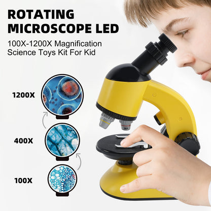 Rotating Microscope LED 100X-1200X Magnification Science Toys Kit For Kid Yellow