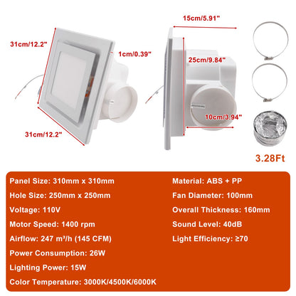 145 CFM 12" Bathroom Exhaust Fan 1.5sones Bath Fan Low Noise with Light