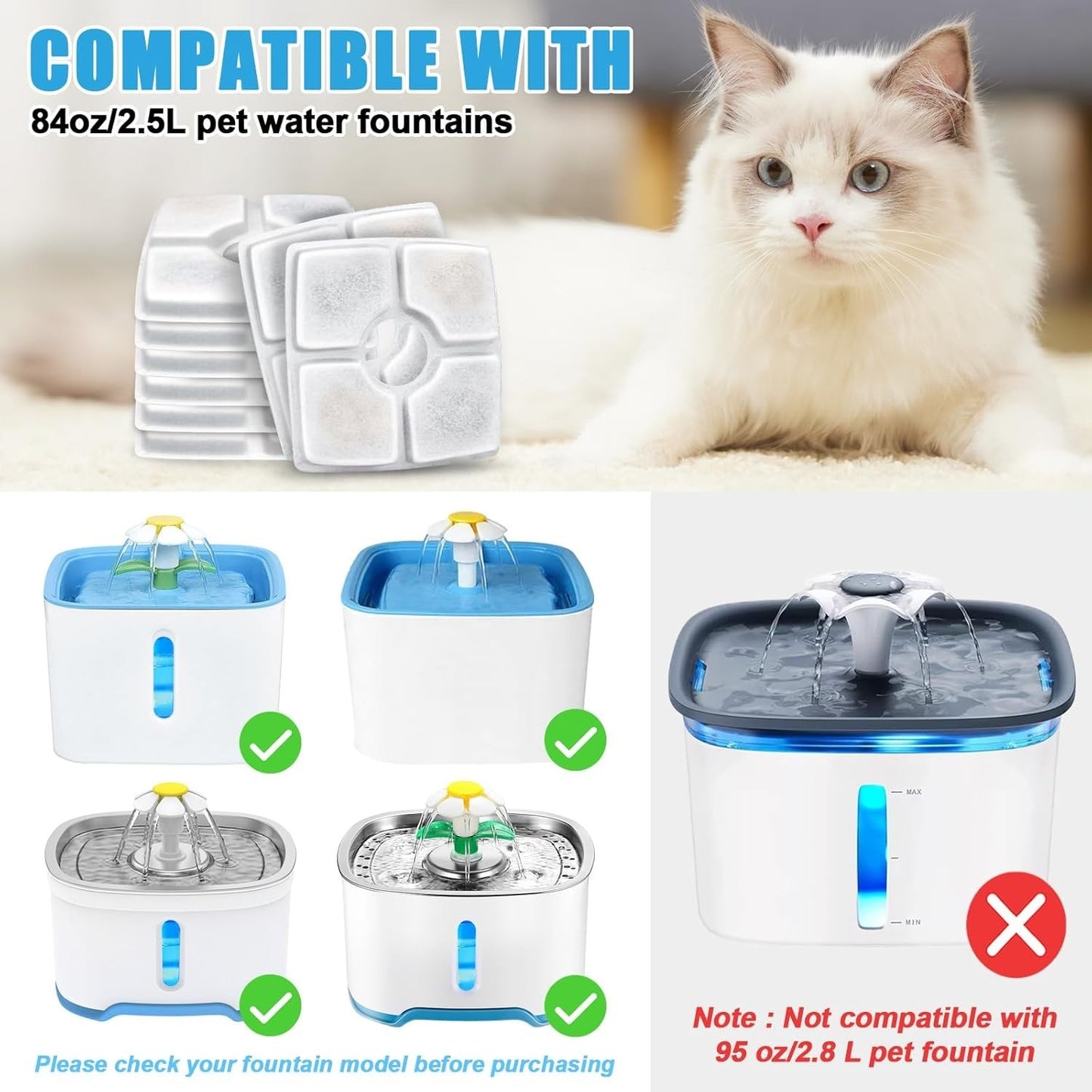 10pcs Pet Cat Water Fountain Filters Replacement for Square 84oz Automatic Fount