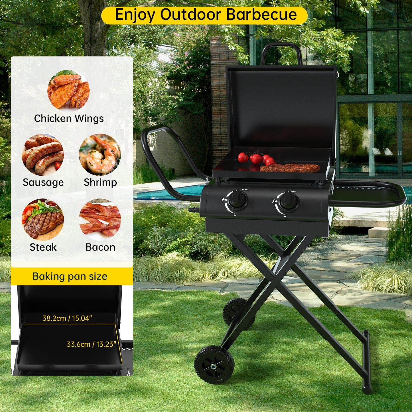 Portable Leg Propane Grill Folding Gas Grill Griddle w/Hood & Side Shelf,