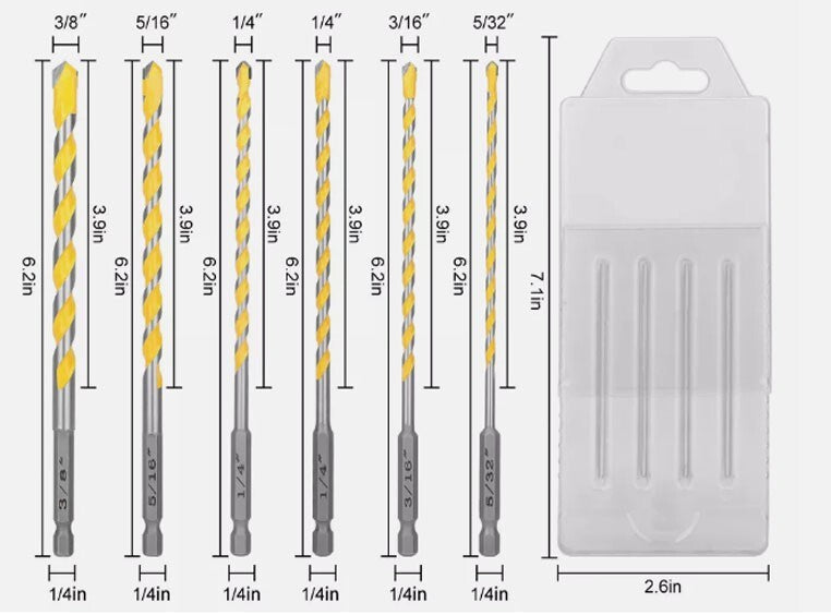 6PCS Professional Masonry Concrete Drill Bit Set 1/4 Inch Hex Shank Carbide Tips