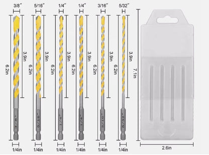 6PCS Professional Masonry Concrete Drill Bit Set 1/4 Inch Hex Shank Carbide Tips