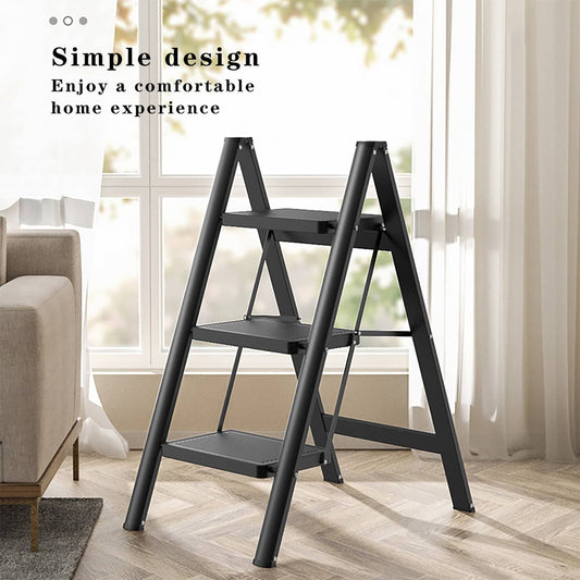 Solid Spare Stepladder, 3 Tiers, Foldable, Aluminum, Wide, Lightweight, Compact, Ladder