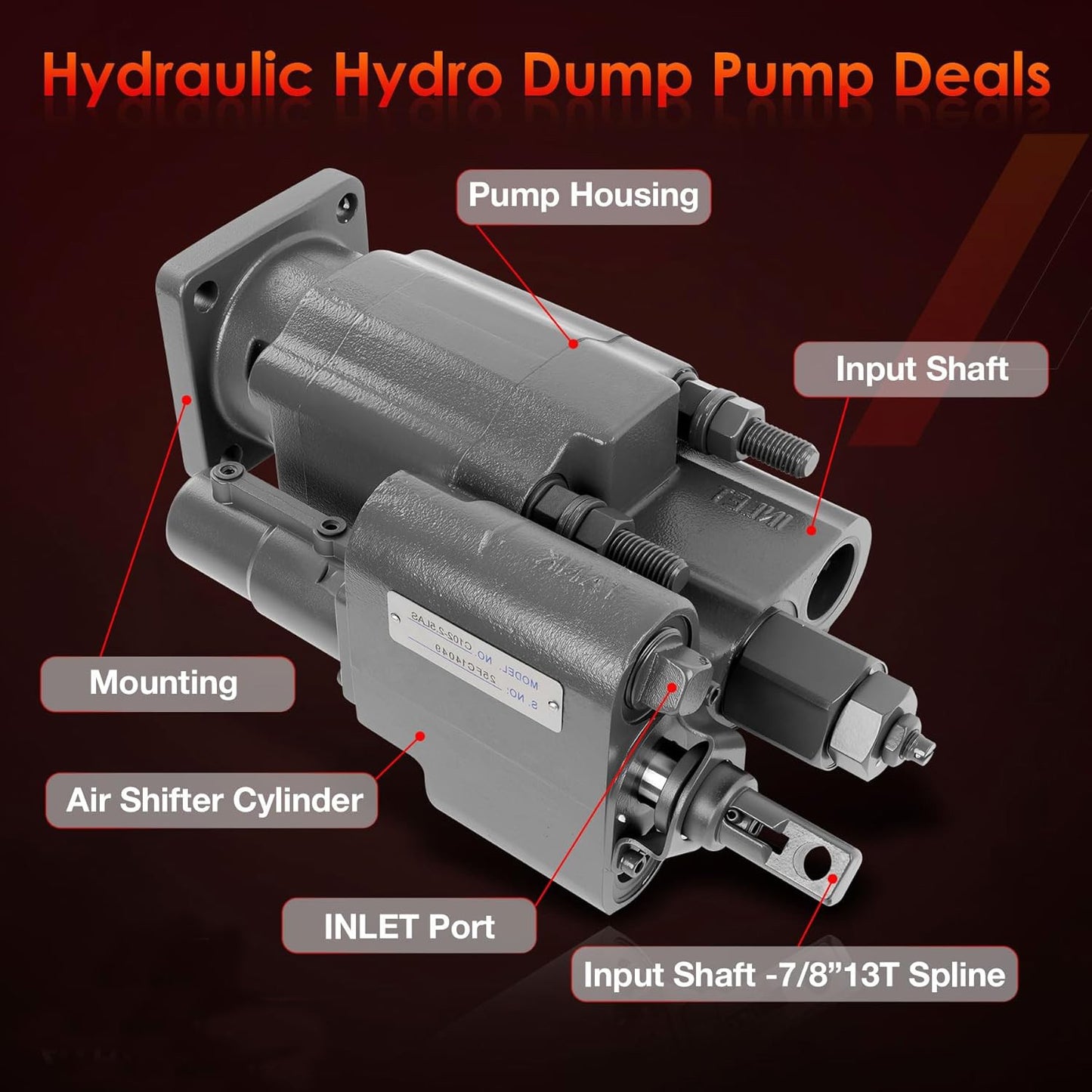 PTO Dump Pump Hydraulic Cylinder C102 Air Shift Direct Mount 7/8" 13-T Spline