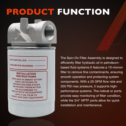 3/4"NPTF Oil Filter w/ 10 Micron Hydraulic For Tractors Log Splitters CP-752-10