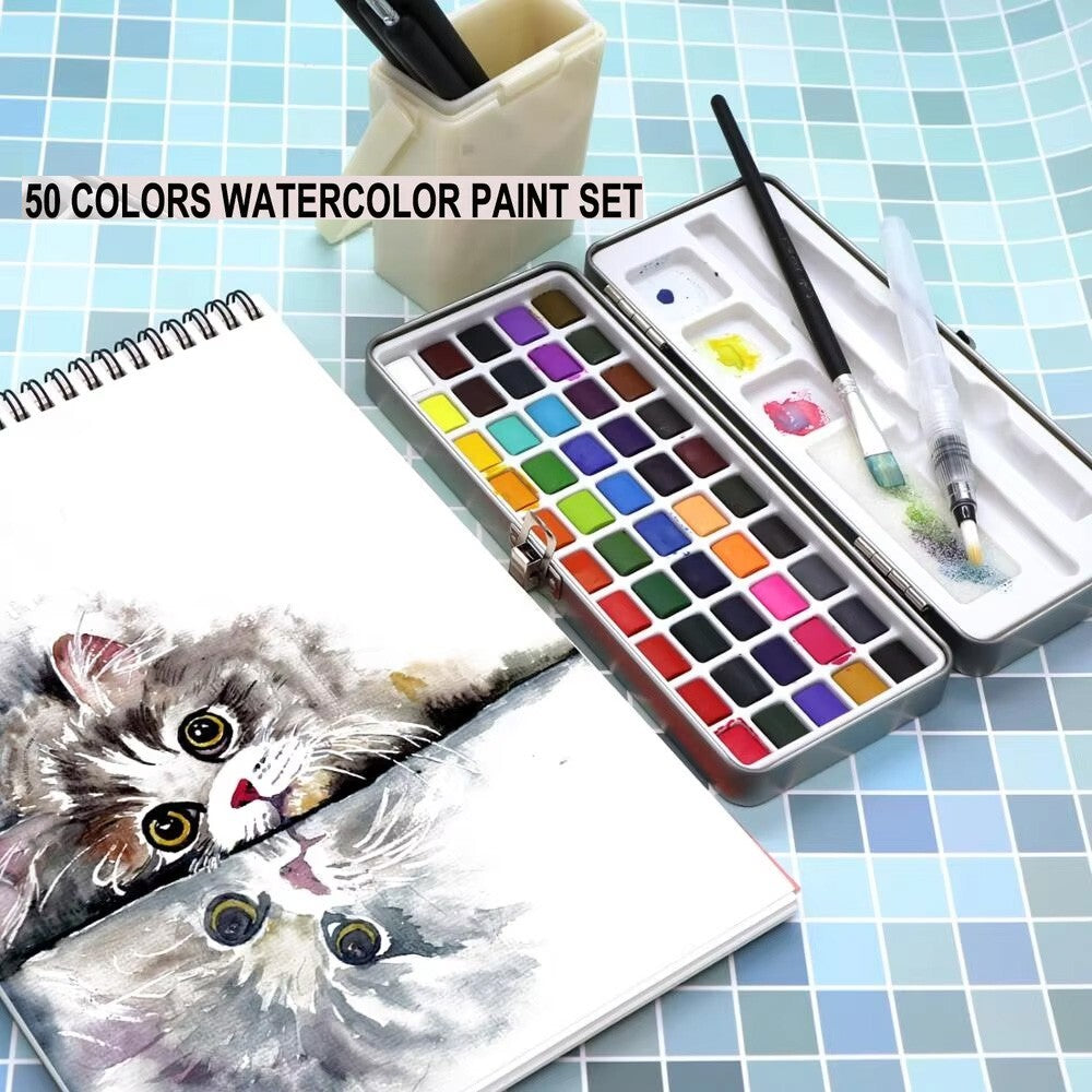 Professional 50 Colors Watercolor Paint Draw Painting + Water Brush Pigments Set