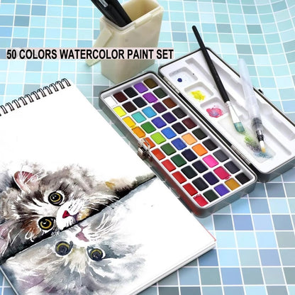 Professional 50 Colors Watercolor Paint Draw Painting + Water Brush Pigments Set