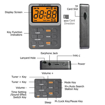 Portable Pocket Digital LCD AM FM Radio Stereo MP3 USB Rechargeable w/Earphones