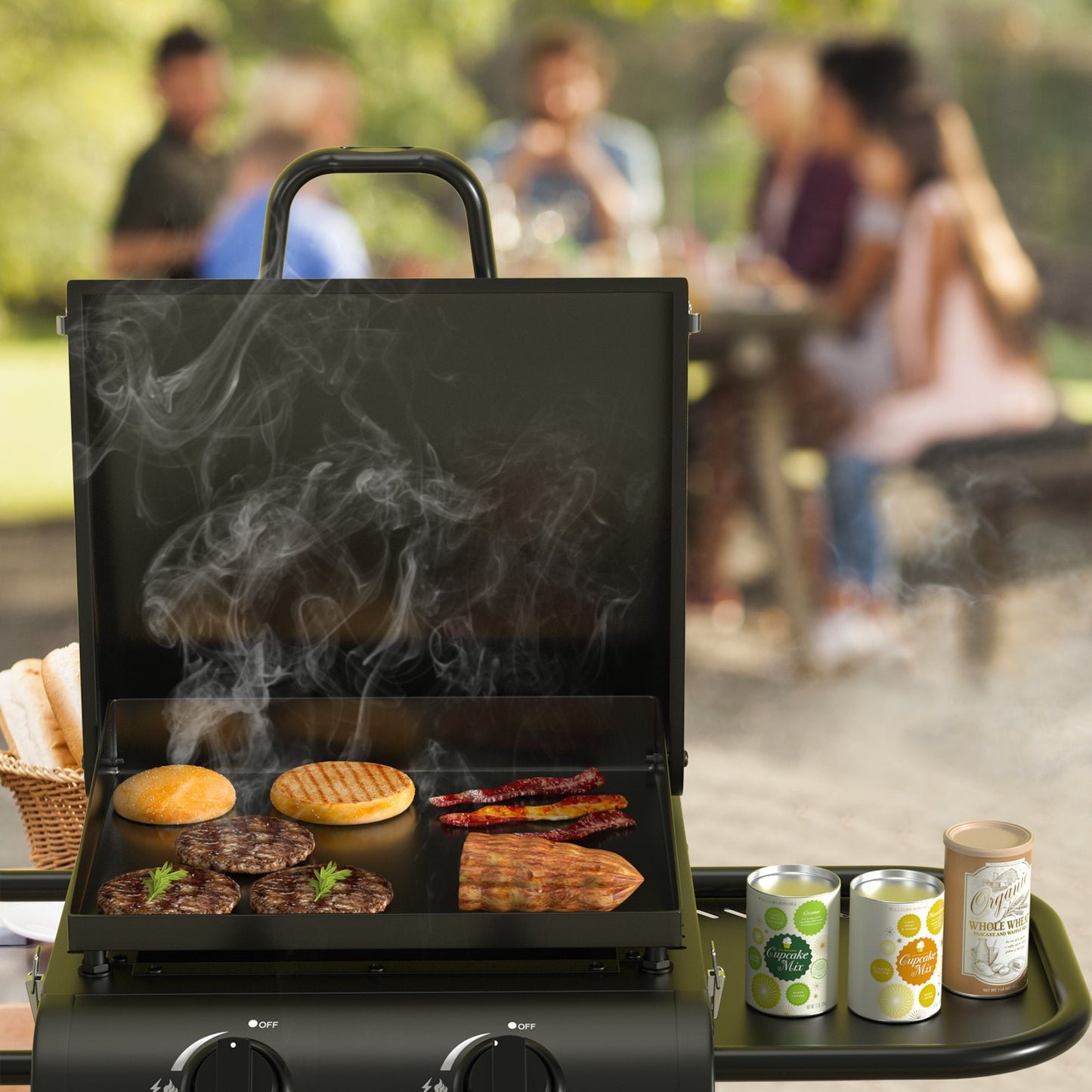 Portable Leg Propane Grill Folding Gas Grill Griddle w/Hood & Side Shelf,