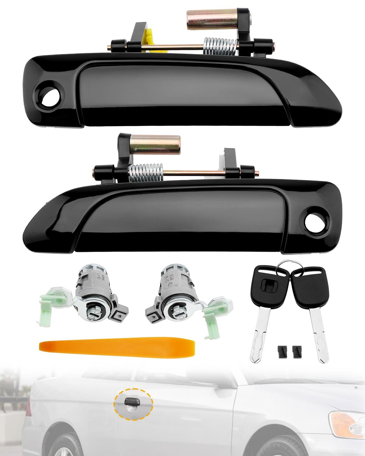 2X Front Exterior Door Handles w/ Lock Cylinder & Key Fit 2001-2005 Honda Civic